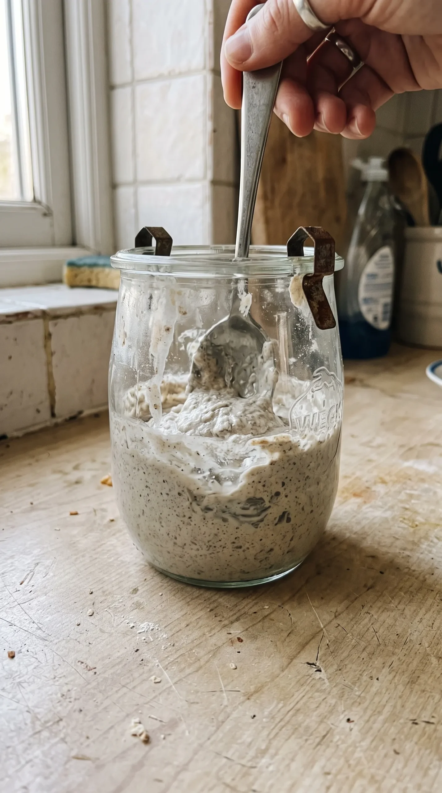 Sauerteig im Glas wird mit Mehl und Wasser aufgefrischt