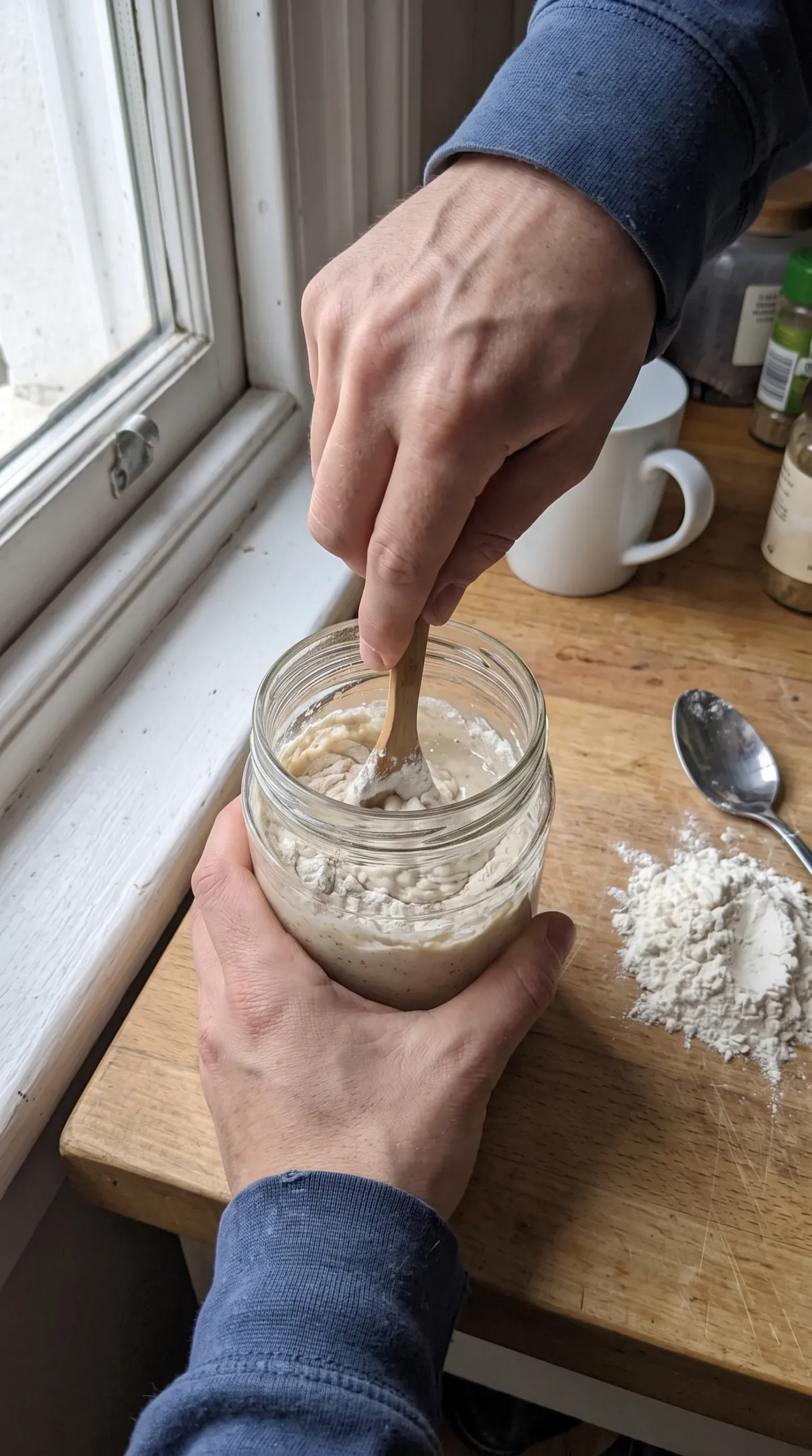 Hände beim Füttern des Sauerteigs mit Mehl und Wasser in einem Glas in der Küche.