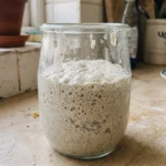 Aktiver Sauerteig im Glas mit Bläschen und sichtbarer Volumenzunahme