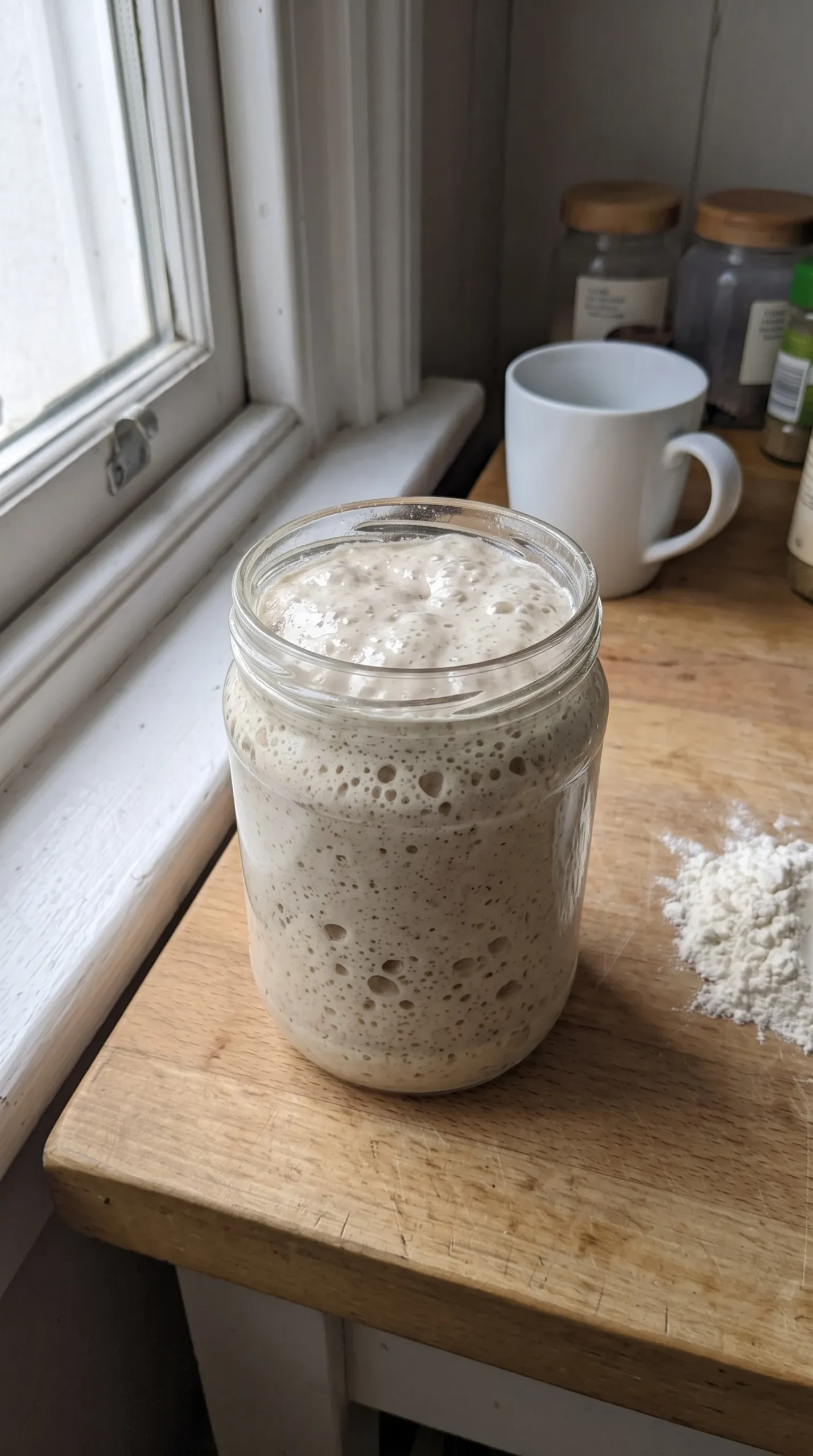 Aktiver Sauerteig im Glas, verdoppeltes Volumen mit vielen sichtbaren Bläschen und Wölbung.