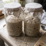 Aktiver Sauerteig nach richtiger Fütterung mit verdoppeltem Volumen und vielen feinen Bläschen.