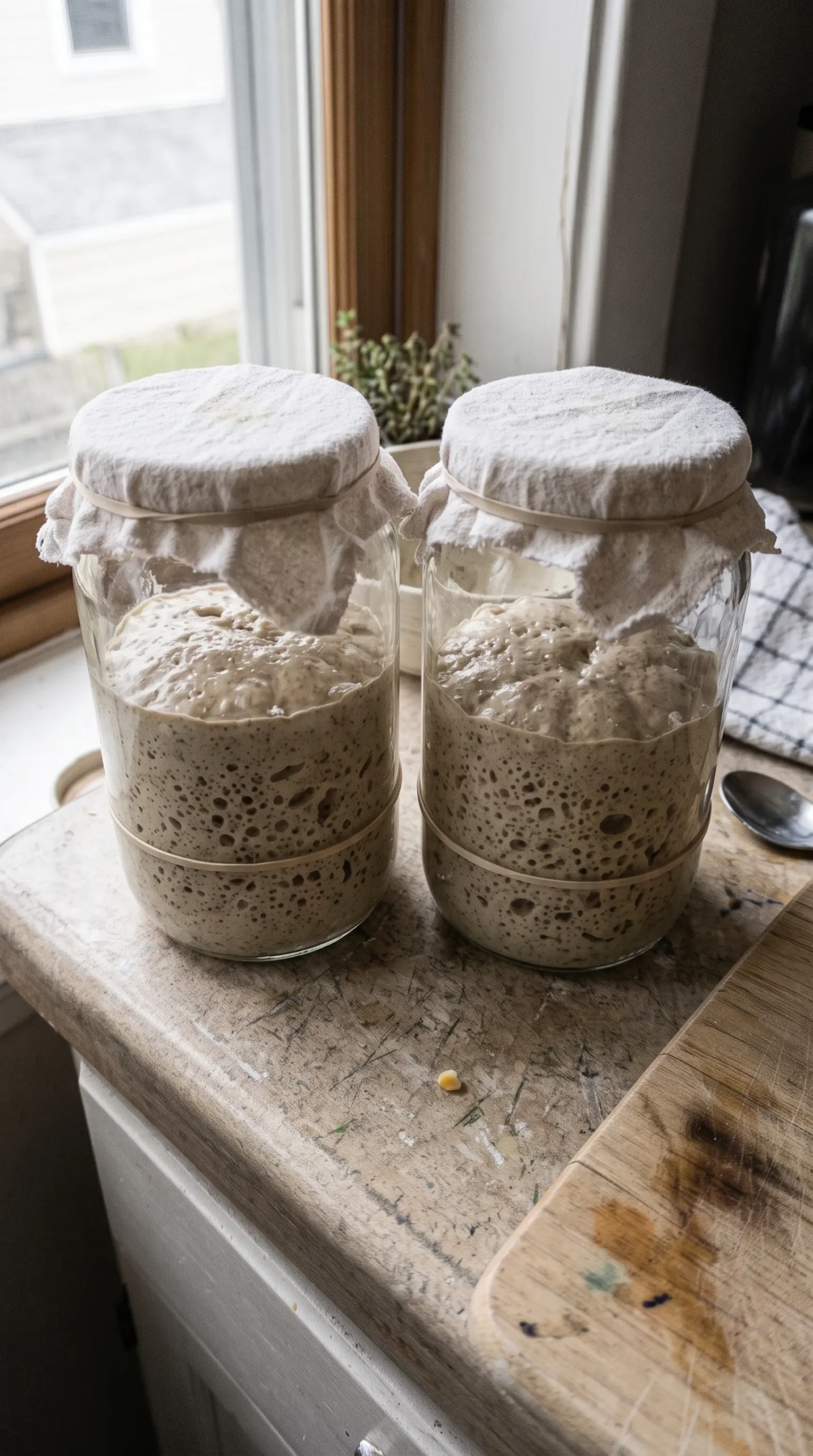 Aktiver Sauerteig nach richtiger Fütterung mit verdoppeltem Volumen und vielen feinen Bläschen.