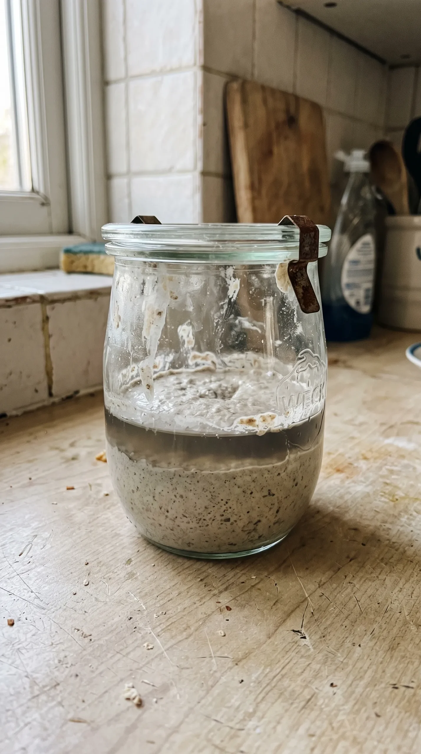 Sauerteig im Glas mit abgesetzter Flüssigkeit nach längerer Lagerung