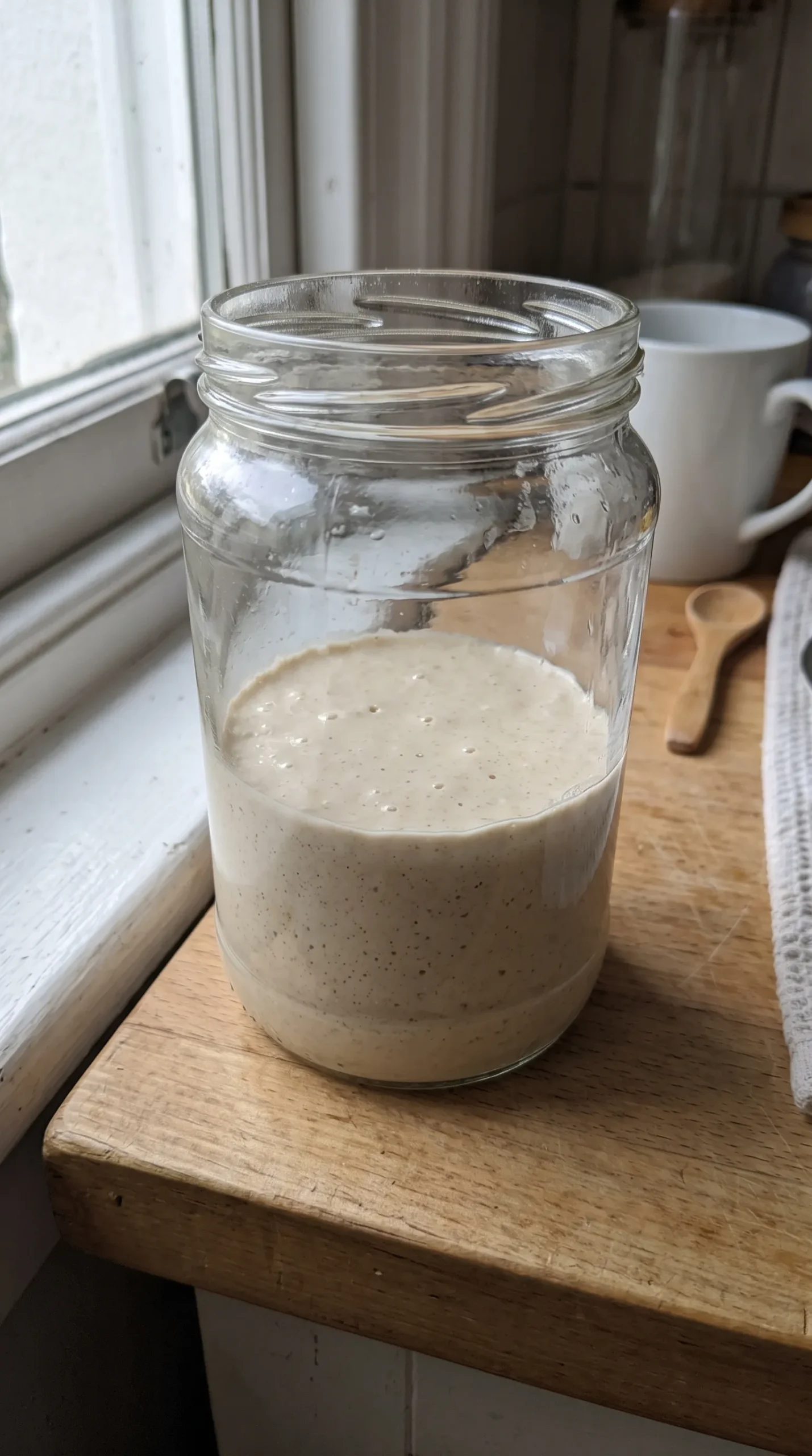 Träger Sauerteigansatz im Glas mit flacher Oberfläche und wenigen Bläschen vor der vollständigen Reife.