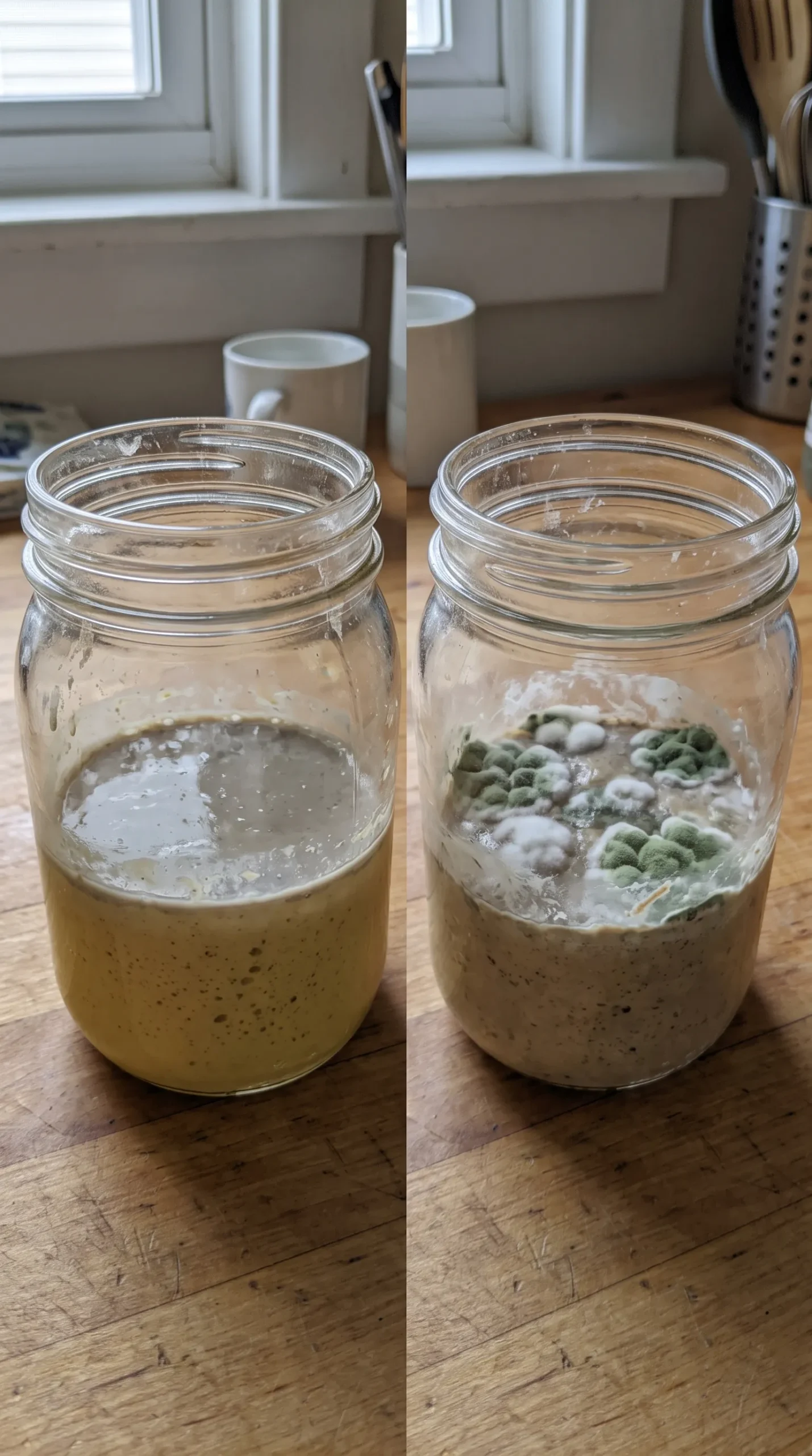 Vergleich zweier Gläser: links harmloser grauer Fusel, rechts echter pelziger Schimmel auf Sauerteig.