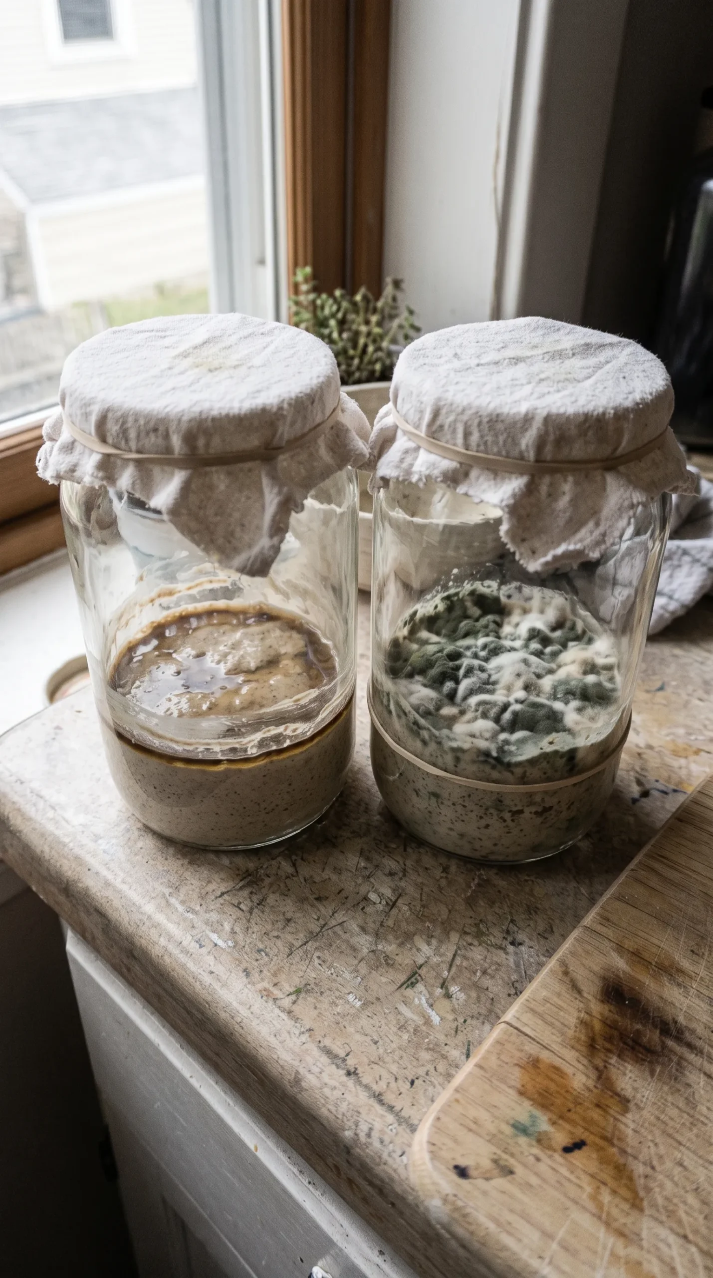 Vergleich zwischen hungrigem Sauerteig mit Fuselschicht und einem eindeutig verschimmelten Starter im Glas.