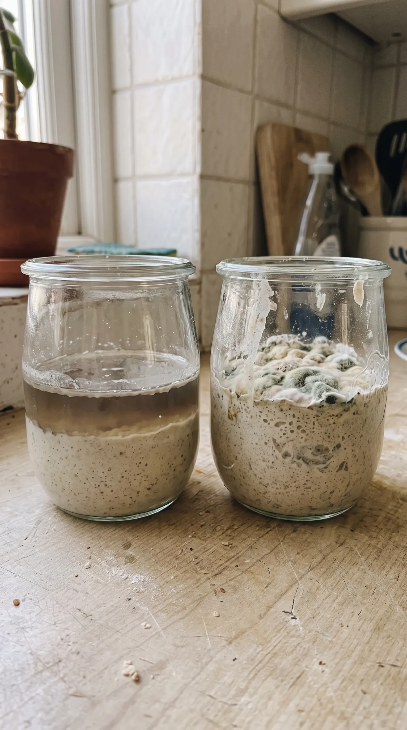 Zwei Sauerteiggläser im Vergleich mit Oberflächenfilm und verdächtigem schimmelartigem Wachstum