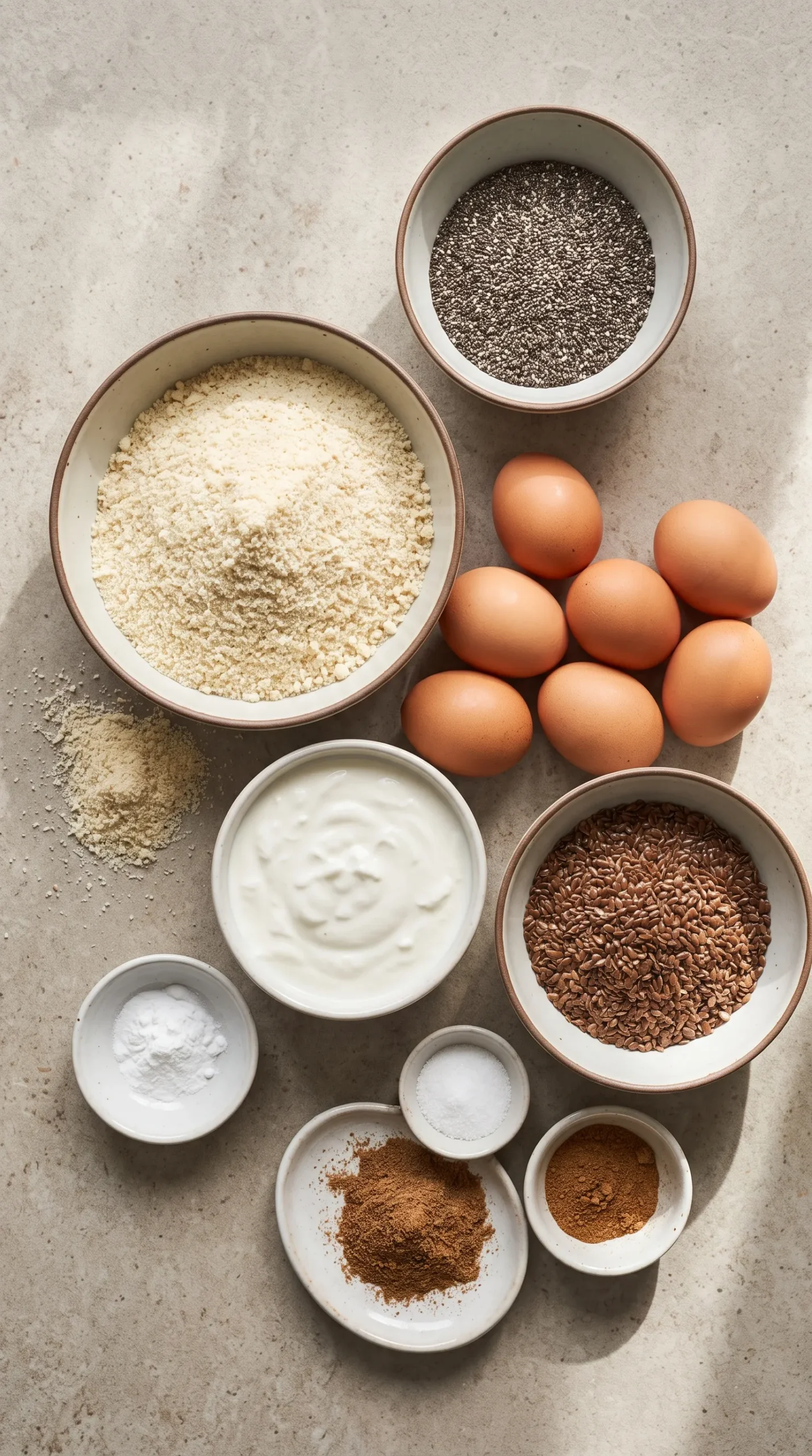 Zutaten für glutenfreies Low Carb Brot: Eier, Magertopfen, gemahlene Mandeln, Leinsamen, Chiasamen und Brotgewürz.