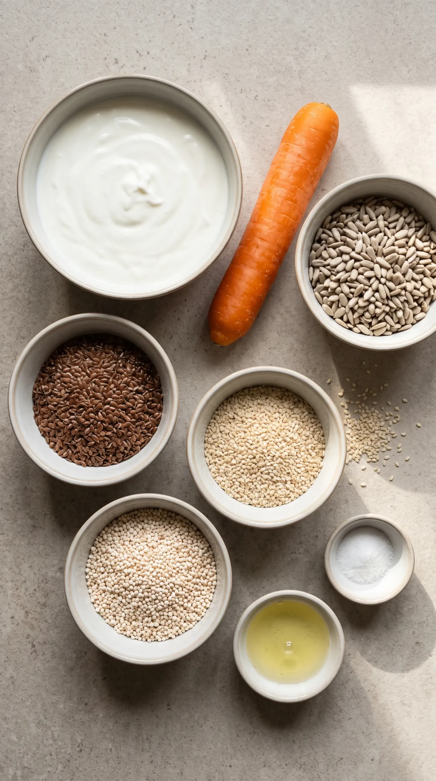 Zutaten für Low Carb Brot: Magerquark, Karotte, Sonnenblumenkerne, Leinsamen, Sesam, gepuffter Amaranth und Eiweiß.
