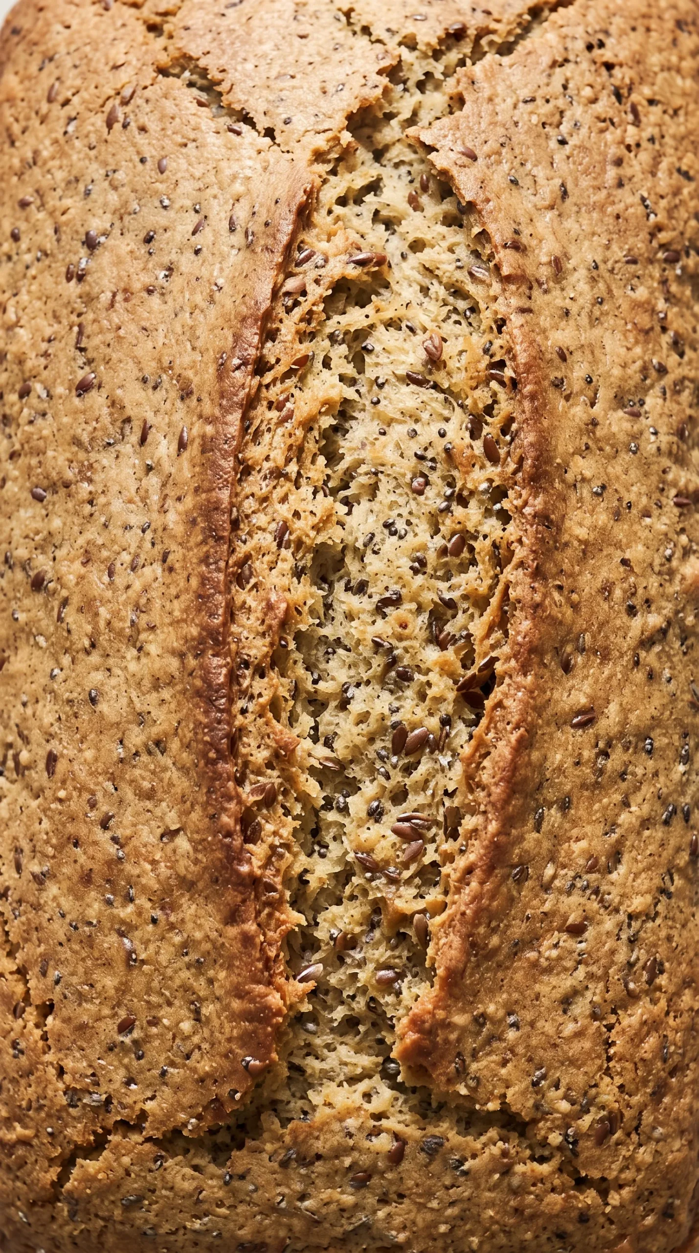 Detailaufnahme der feinporigen Saatenkruste mit natürlichem Backriss auf dem glutenfreien Low Carb Brot.