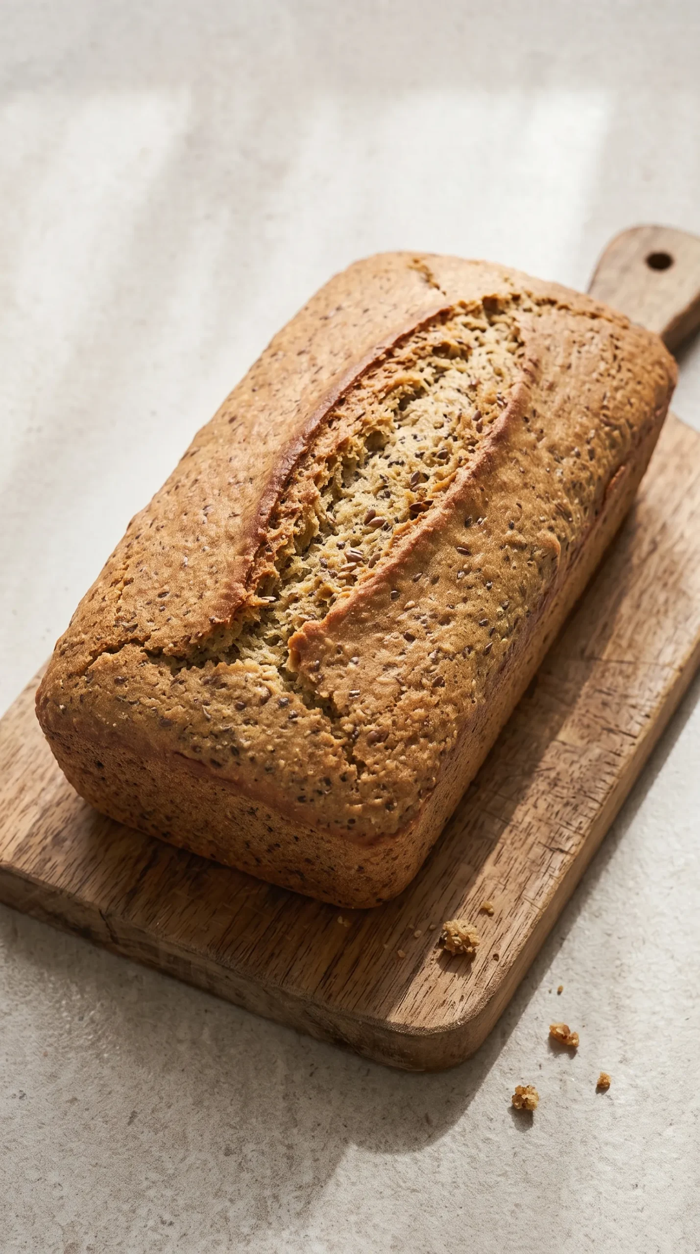 Ganzes glutenfreies Low Carb Kastenbrot serviert auf einem Holzbrett für die bewusste Brotzeit.