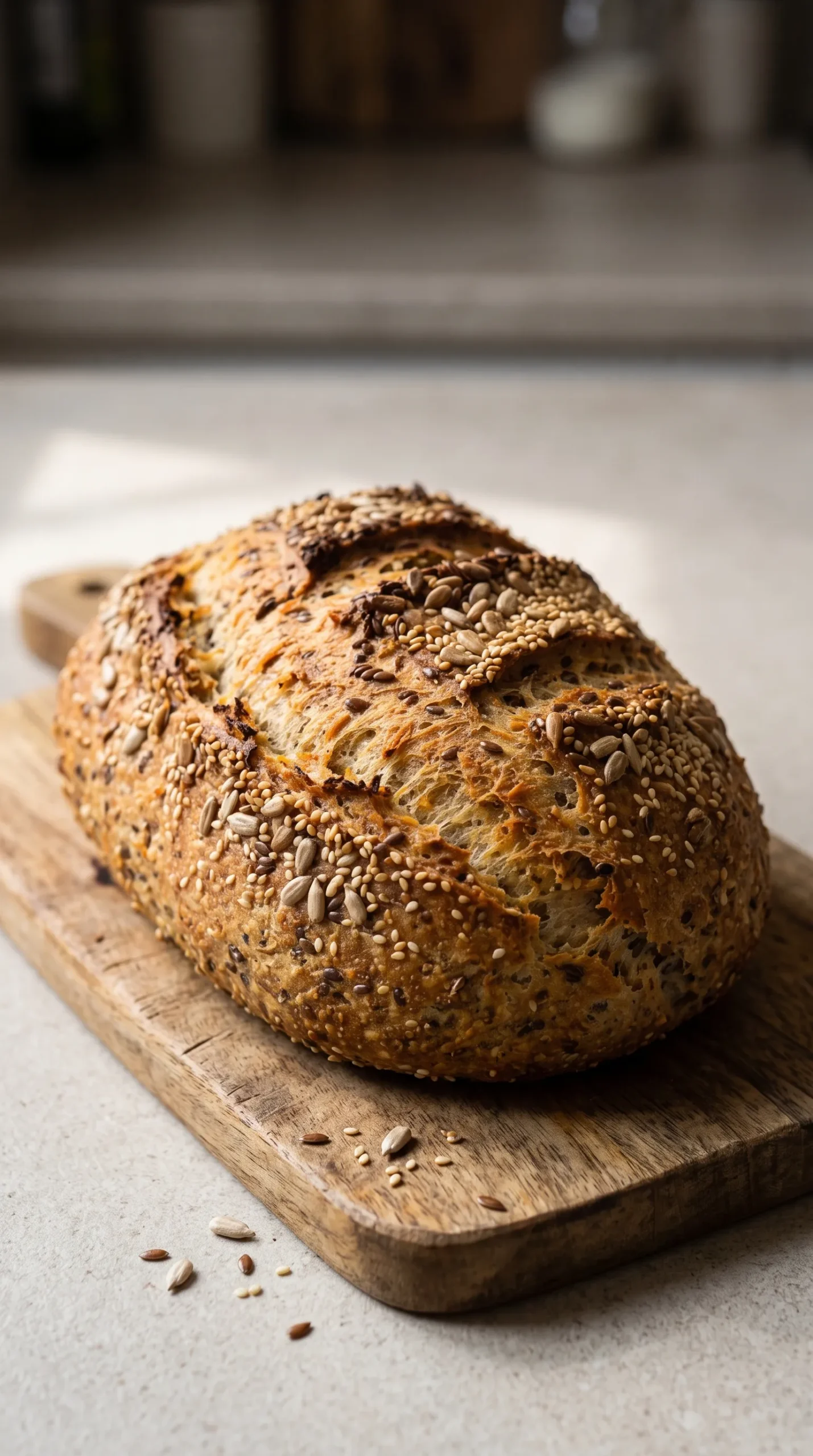 Ganzes ovales Low Carb Brot mit Magerquark serviert auf einem Holzbrett für die gesunde Brotzeit.