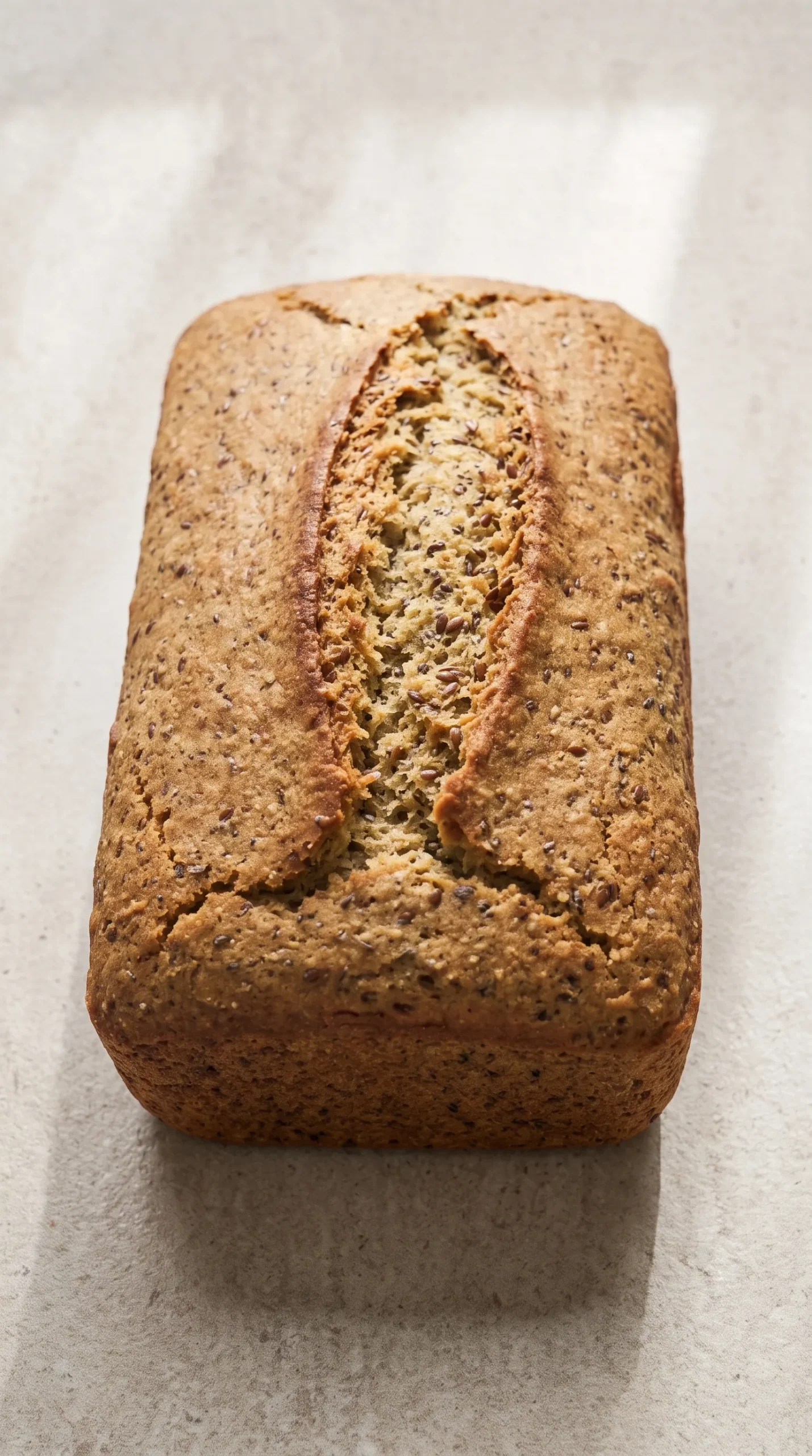 Saftiges glutenfreies Low Carb Brot: Ganzes Kastenbrot mit zart gerissener goldbrauner Saatenkruste.