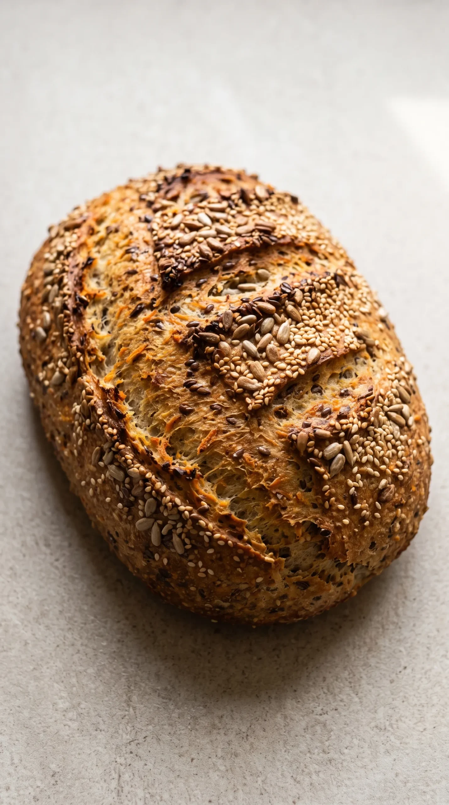 Saftiges Low Carb Brot mit Magerquark: Ovaler saatenreicher Laib mit zwei Einschnitten goldbraun auf dem Backblech.